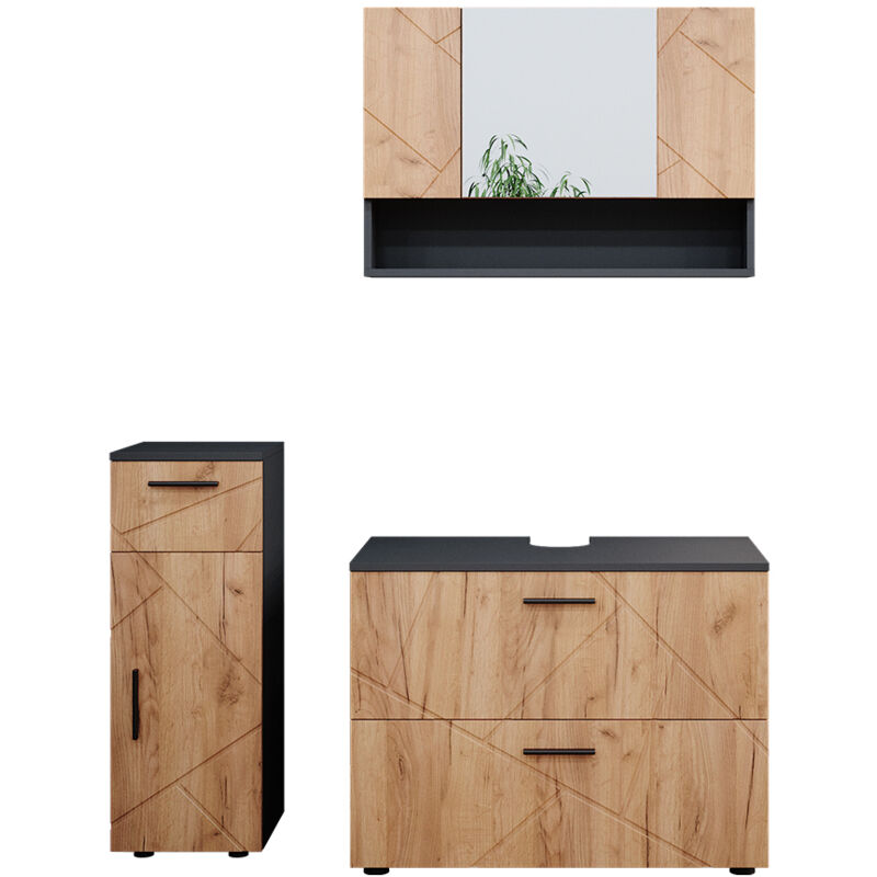 foto del prodotto vicco set mobili bagno irma, quercia dorata antracite, 3 parti, con cassettiera e mobile midi