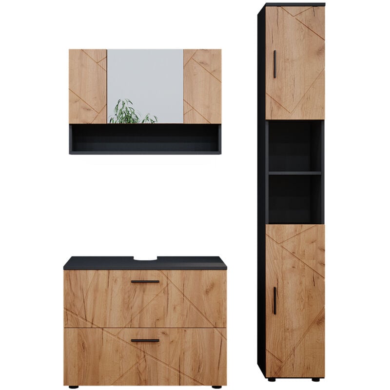 foto del prodotto vicco set mobili bagno irma, quercia dorata antracite, 3 pezzi, base 80 cm