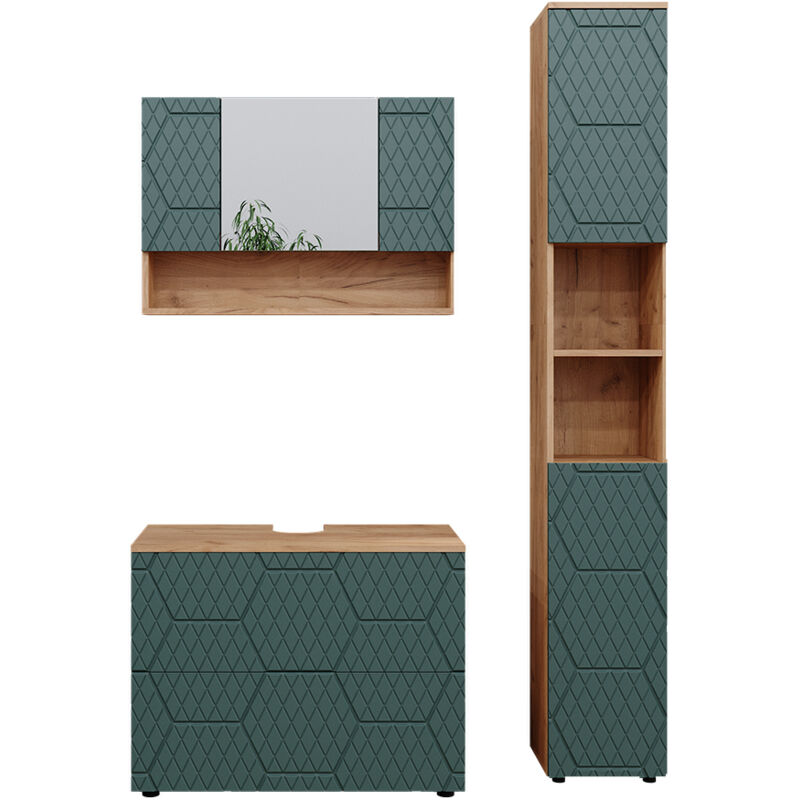 foto del prodotto vicco set mobili bagno irma, verde, 3 pezzi, con mobile a specchio 80 cm