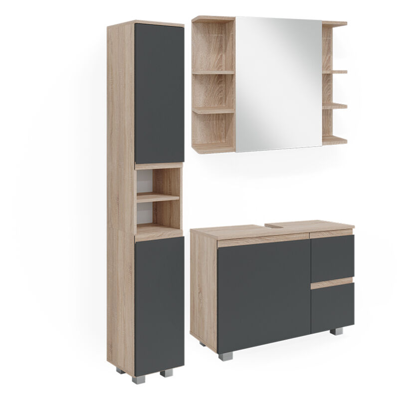 foto del prodotto vicco set mobili bagno j shape, sonoma, 3 parti, con armadio alto