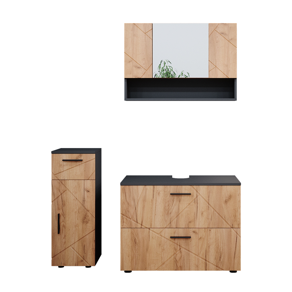 foto del prodotto vicco set mobili bagno quercia dorata antracite 3 parti, con cassettiera e mobile midi