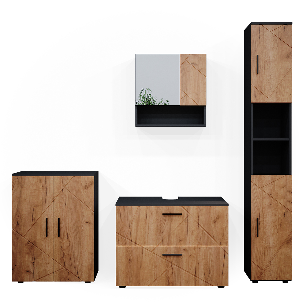foto del prodotto vicco set mobili bagno quercia dorata antracite 4 pezzi, con cassettiera e mobile midi