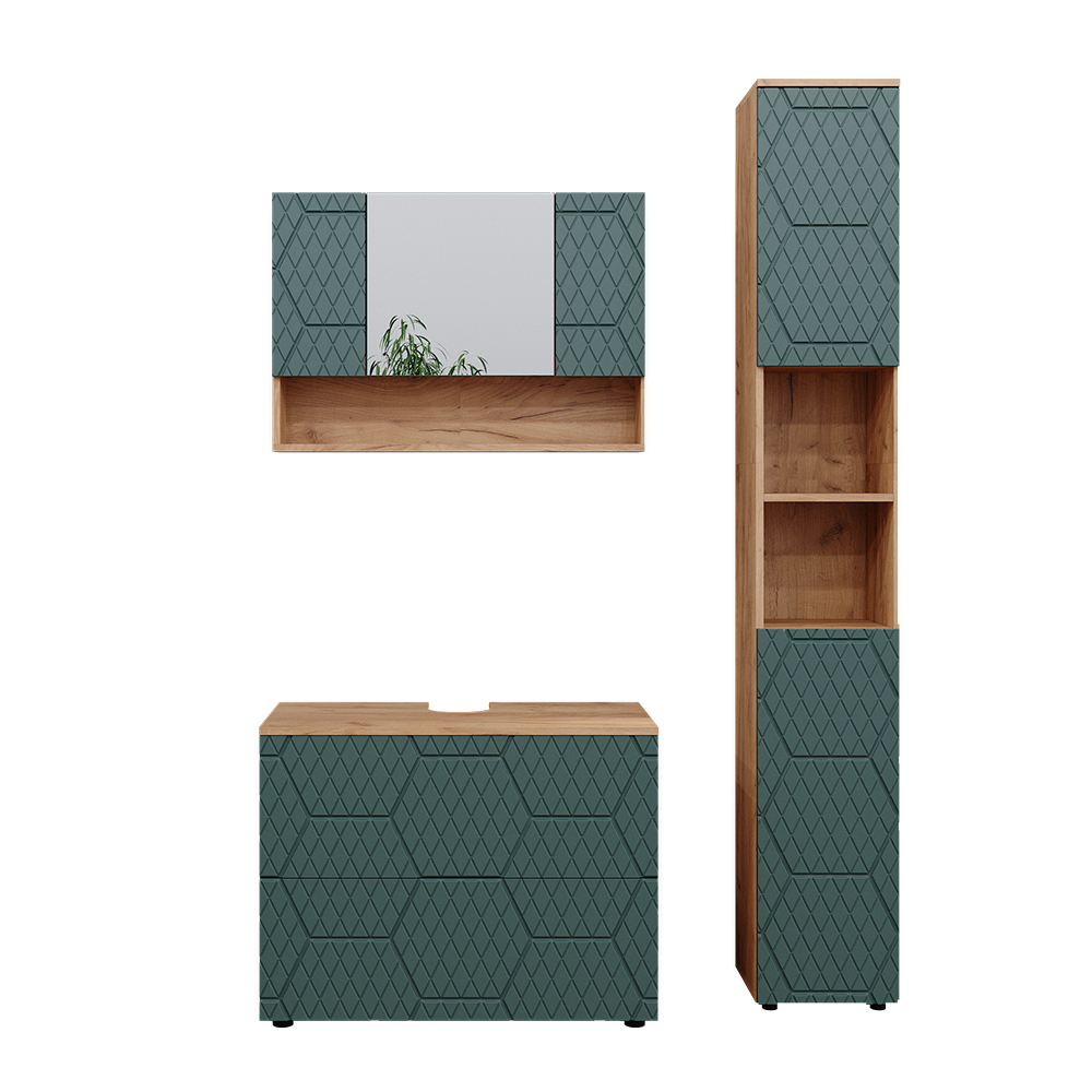 foto del prodotto vicco set mobili bagno quercia verde oro 3 pezzi, con mobile a specchio 80 cm