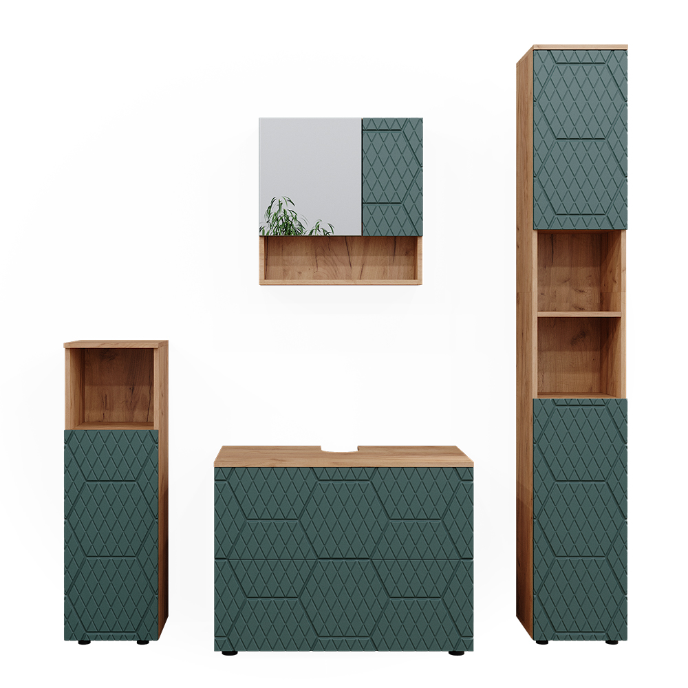 foto del prodotto vicco set mobili bagno quercia verde oro 4 pezzi, con cassettiera e colonna