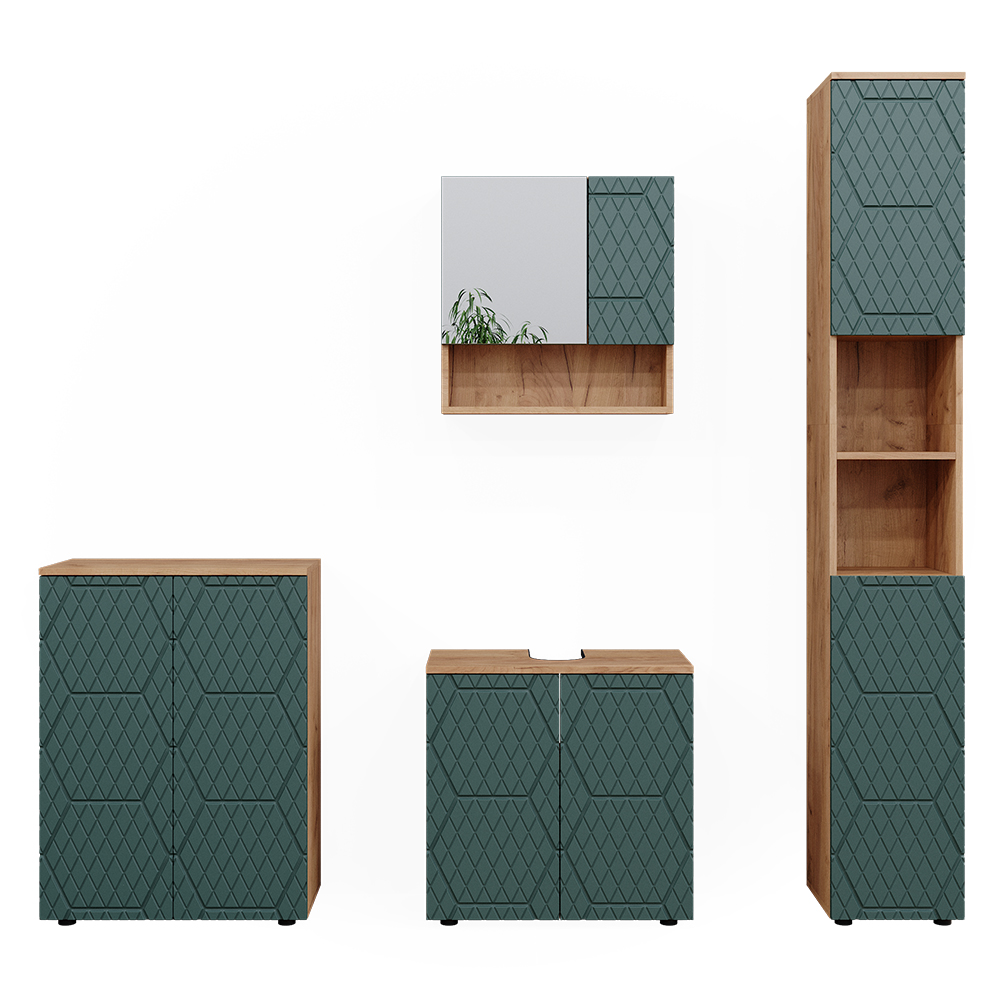 foto del prodotto vicco set mobili bagno quercia verde oro 4 pezzi, con colonna e cassettiera