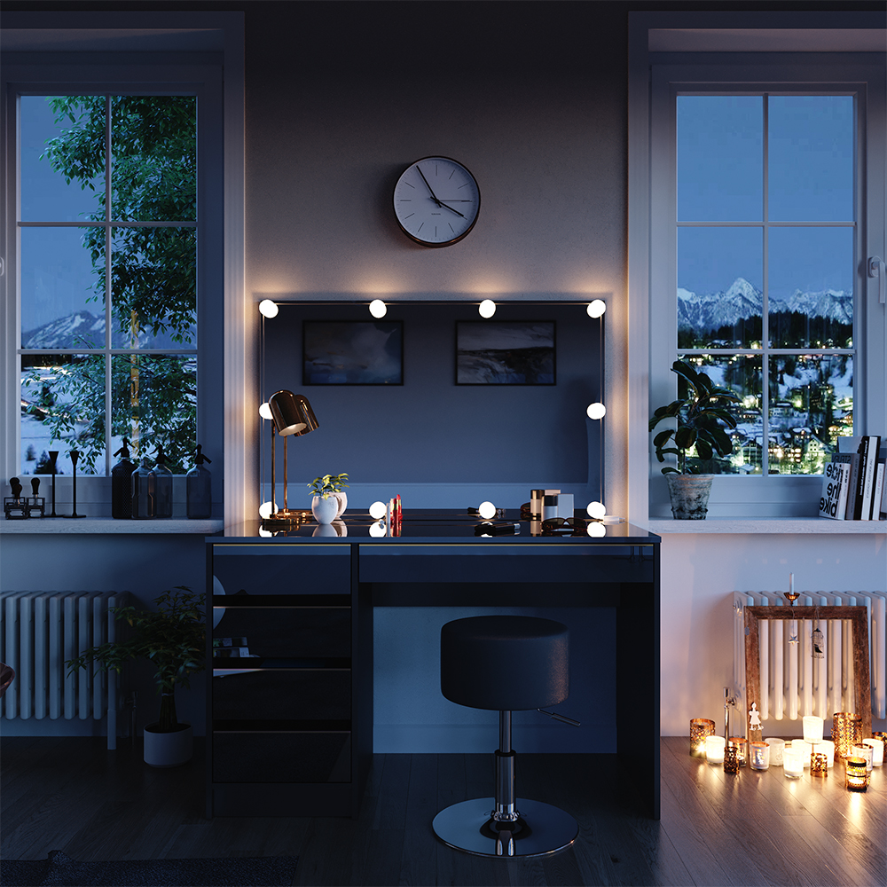 foto del prodotto vicco tavolino da toilette nero oro 120 cm con illuminazione a led e sgabello