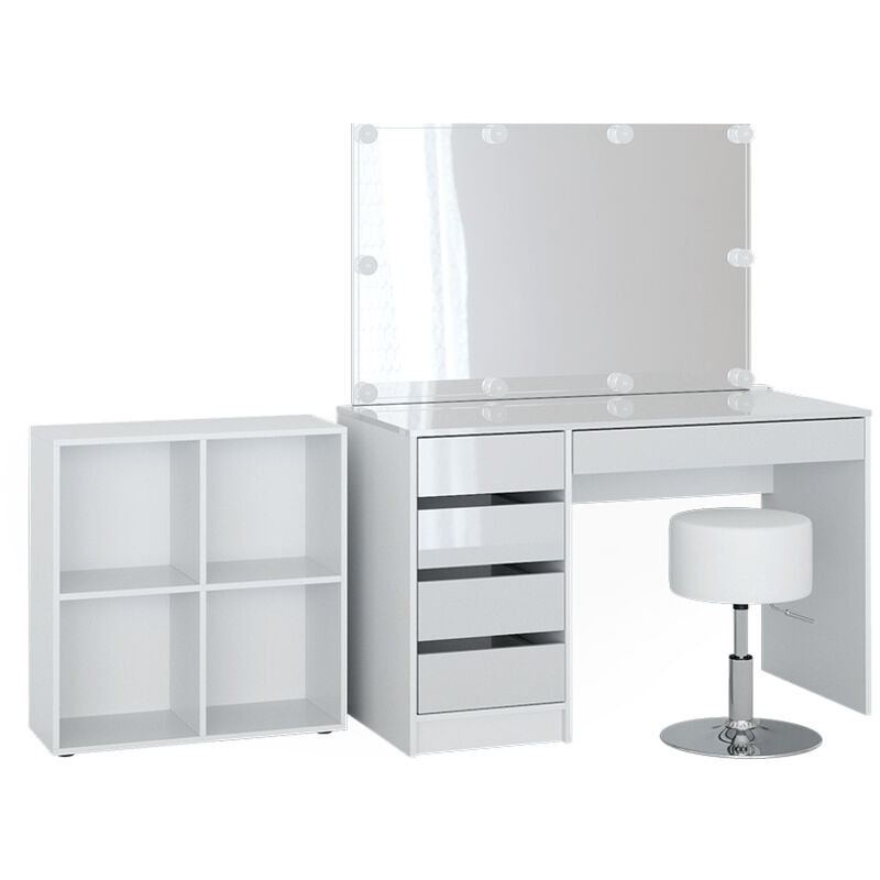 foto del prodotto vicco tavolino da toilette sherry, bianco, 120 cm 4 parti, con scaffale, specchio, sgabello, led