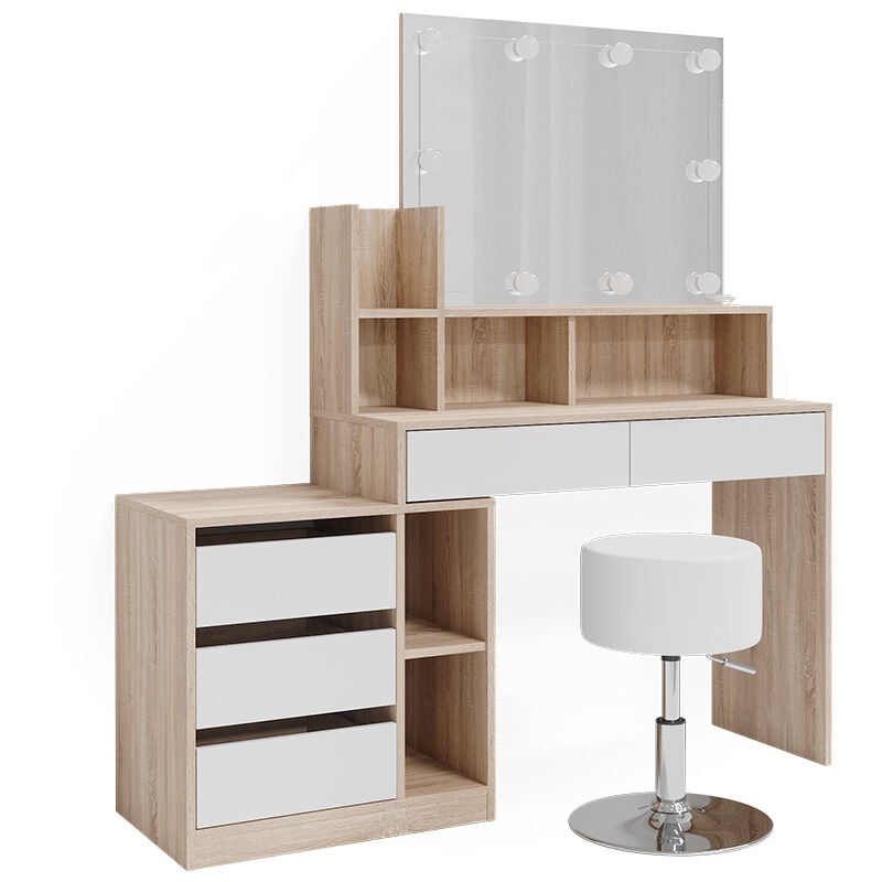 foto del prodotto vicco tavolo da toeletta anja, bianco sonoma, 139.8 cm con illuminazione a led e sgabello