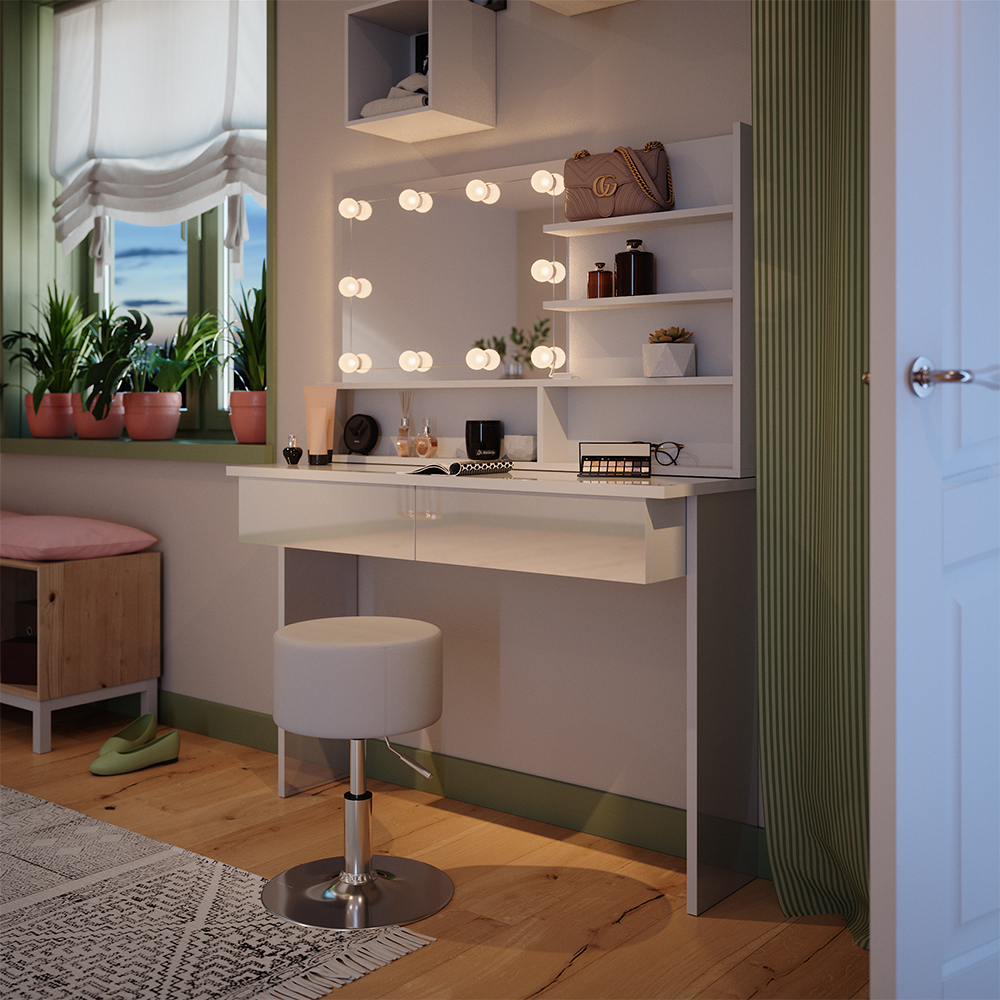 foto del prodotto vicco tavolo da toeletta bianco 120 cm con illuminazione a led e sgabello