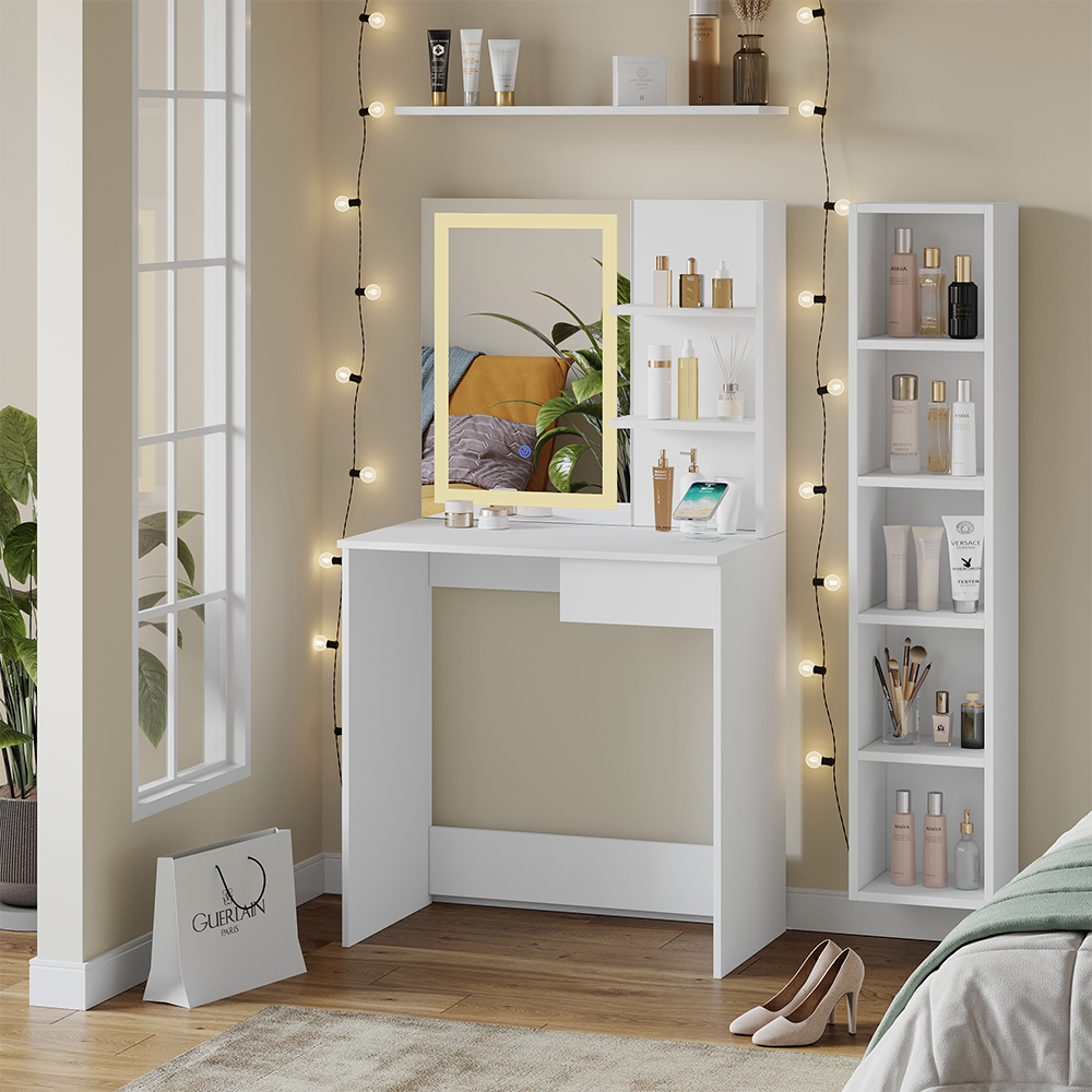 foto del prodotto vicco tavolo da toeletta bianco 75 cm con specchio a led e stazione di ricarica qi