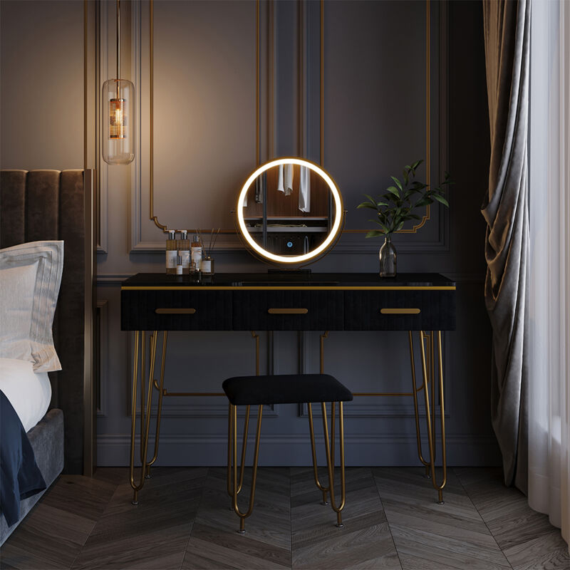 foto del prodotto vicco tavolo da toeletta layla, nero, 100 cm con specchio led e sgabello