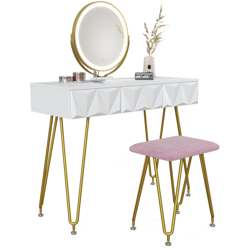 foto del prodotto vicco tavolo da toeletta ruby, bianco, 100 cm con illuminazione led e sgabello