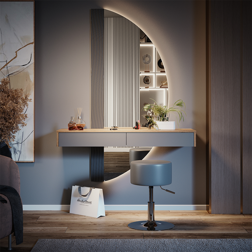 foto del prodotto vicco tavolo da toilette grigio 120 cm con illuminazione e sgabello