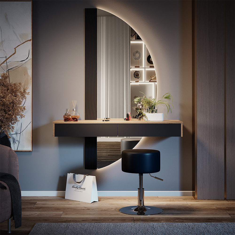 foto del prodotto vicco tavolo da toilette nero 120 cm con illuminazione e sgabello