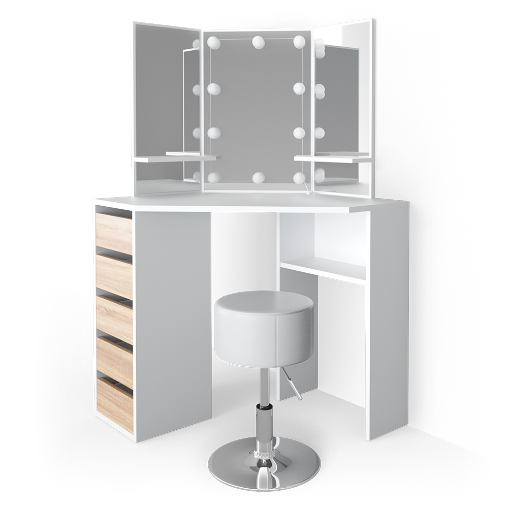 foto del prodotto vicco tavolo da trucco ad angolo bianco/sonoma 110 cm con illuminazione led e sgabello