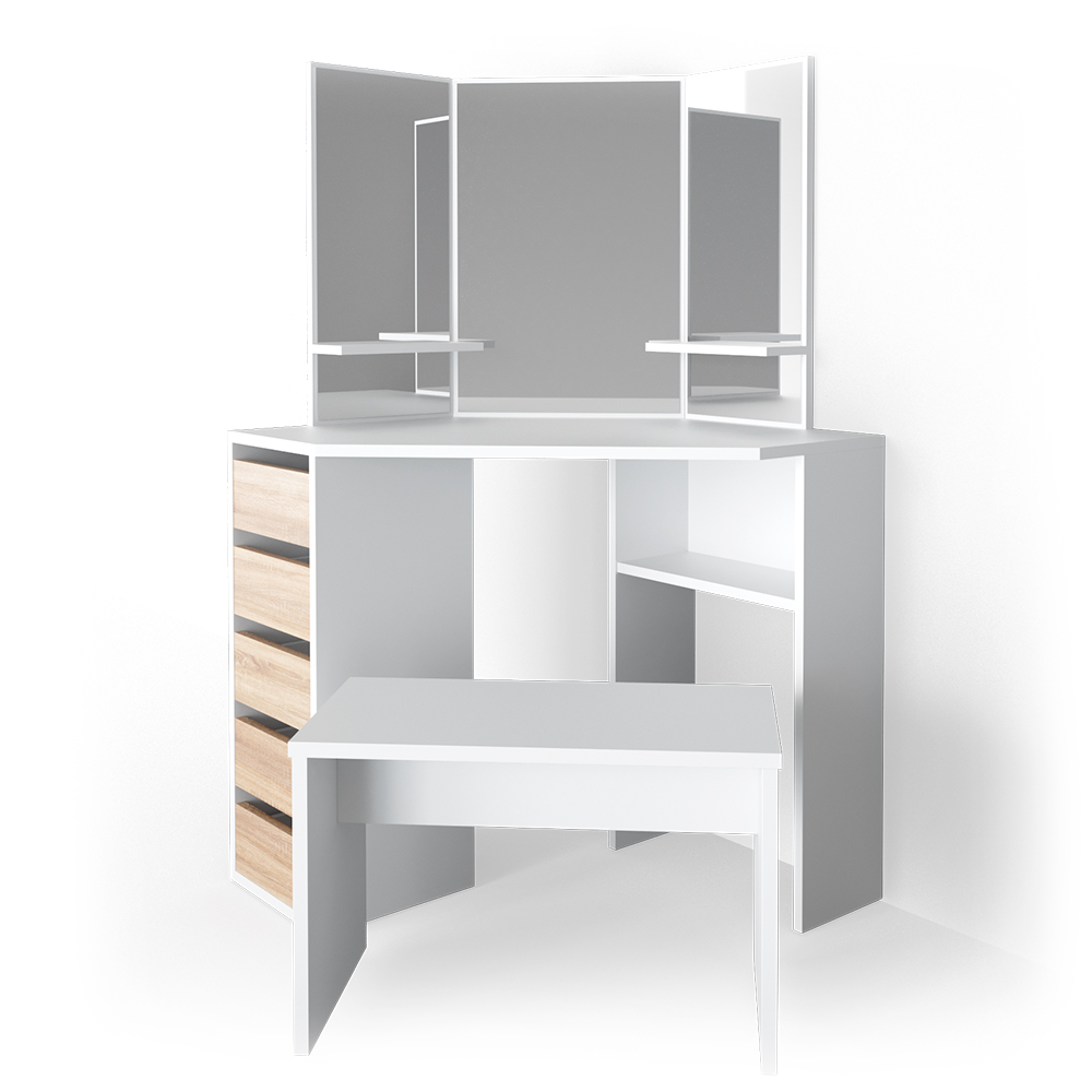 foto del prodotto vicco tavolo da trucco ad angolo bianco/sonoma 110 cm con panca