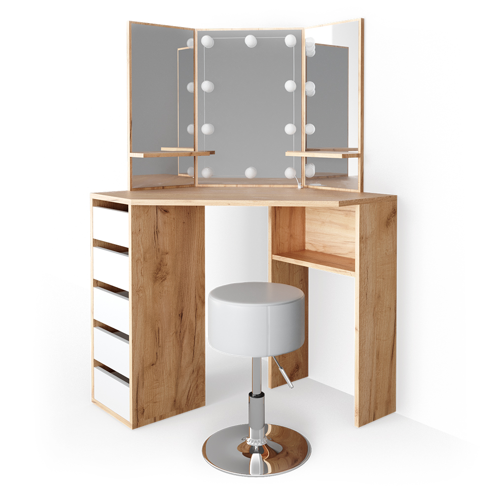 foto del prodotto vicco tavolo da trucco ad angolo quercia dorata 110 cm con illuminazione led e sgabello