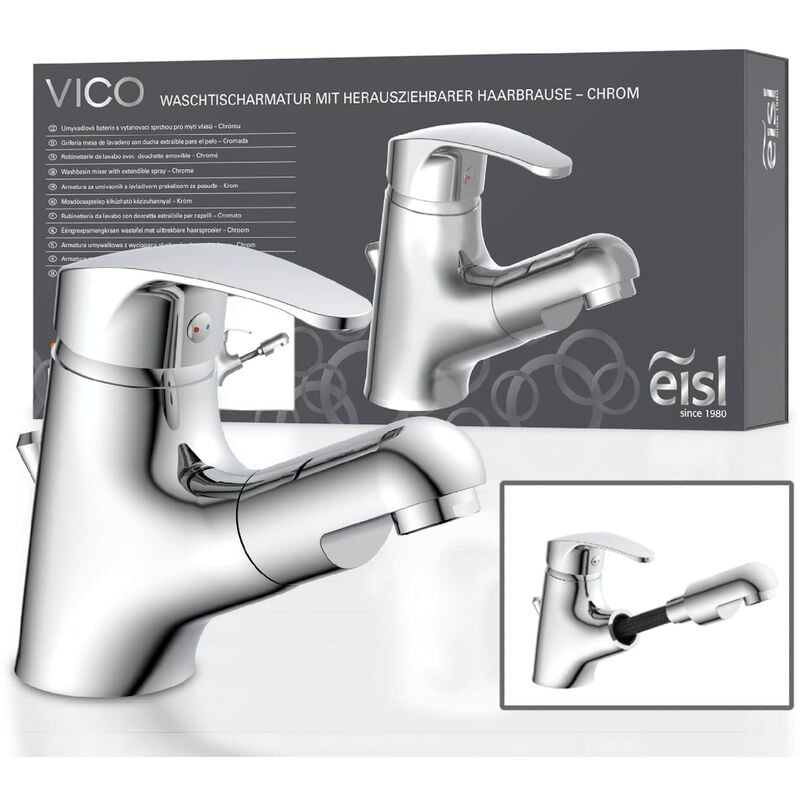 foto del prodotto vico ni075tco, rubinetto bagno lavabo, rubinetto da bagno con doccetta estraibile, miscelatore per lavabo con doccetta, miscelatore lavabo bagno, cromo - eisl