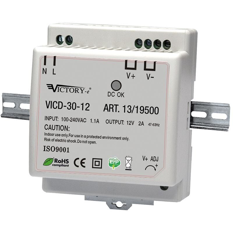 foto del prodotto victory alimentatore switching 12vdc 2a 30w, guida din ts 35 7.5 e ts 35 15 vicd 30 12