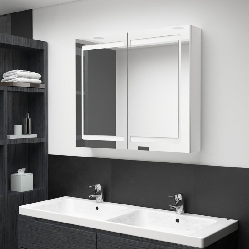 foto del prodotto vidaxl armadietto bagno con specchio e led bianco lucido 80x12x68 cm