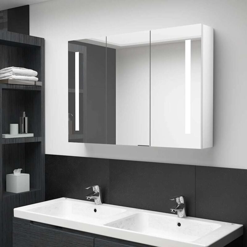 foto del prodotto vidaxl armadietto bagno con specchio e led bianco lucido 89x14x62 cm