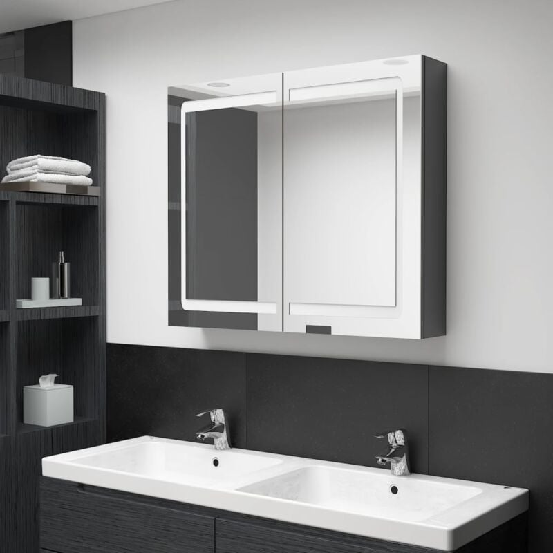 foto del prodotto vidaxl armadietto bagno con specchio e led grigio lucido 80x12x68 cm
