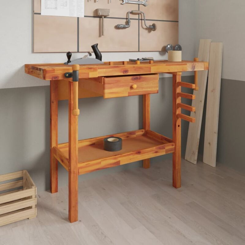 foto del prodotto vidaxl banco lavoro cassetto e morse 92x48x83 cm legno massello acacia