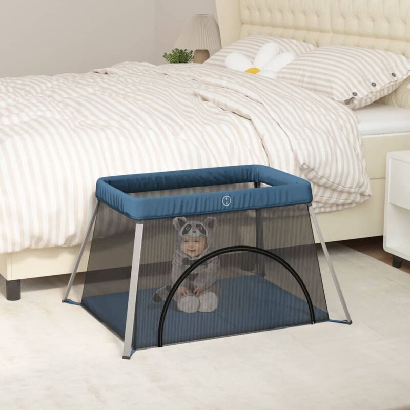 foto del prodotto vidaxl box per bambini con materasso blu marino tessuto di lino