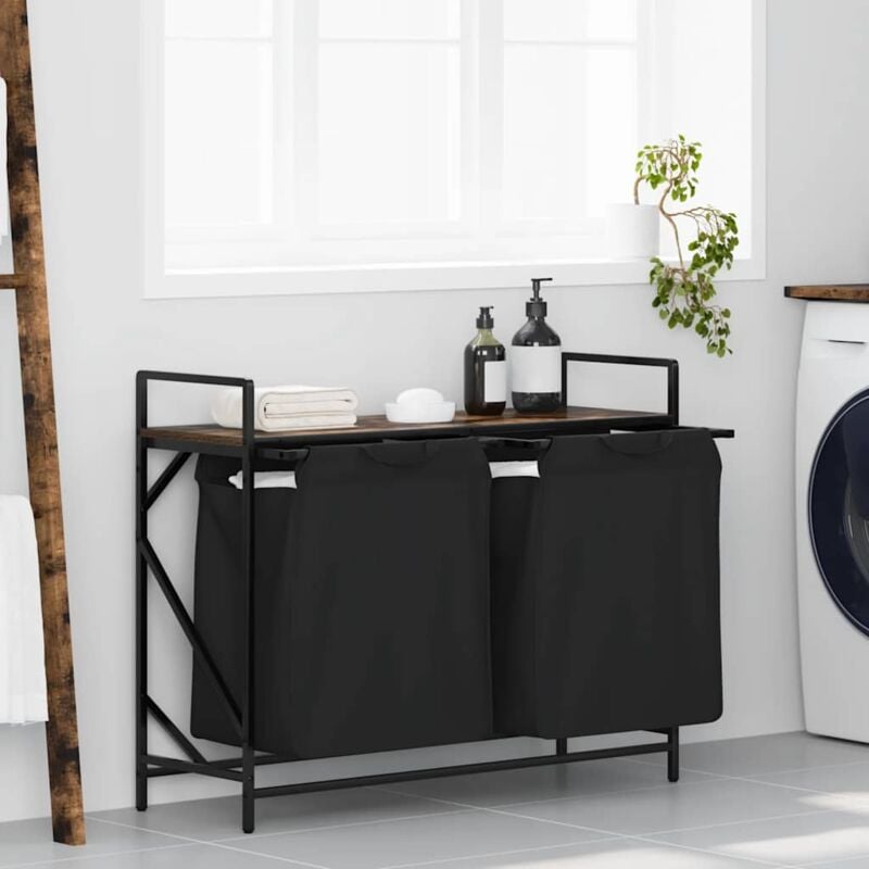 foto del prodotto vidaxl cesto portabiancheria 2 scomparti con ripiano rovere fumo