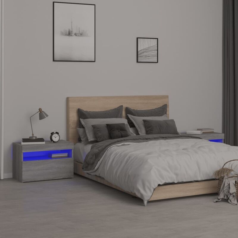 foto del prodotto vidaxl comodini 2 pz con luci led grigio sonoma 60x35x40 cm