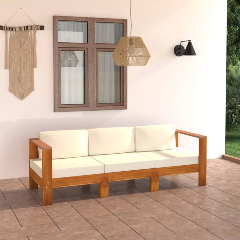 foto del prodotto vidaxl divano da giardino 3 posti cuscini bianco crema massello acacia