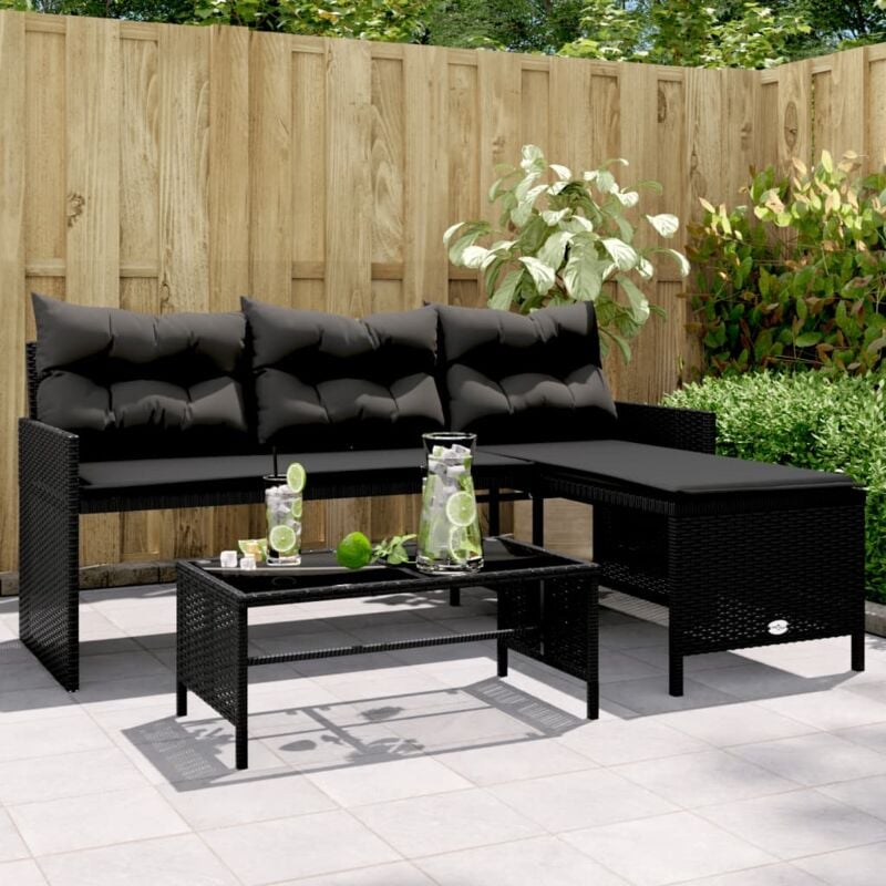 foto del prodotto vidaxl divano da giardino con tavolo e cuscini a l nero in polyrattan