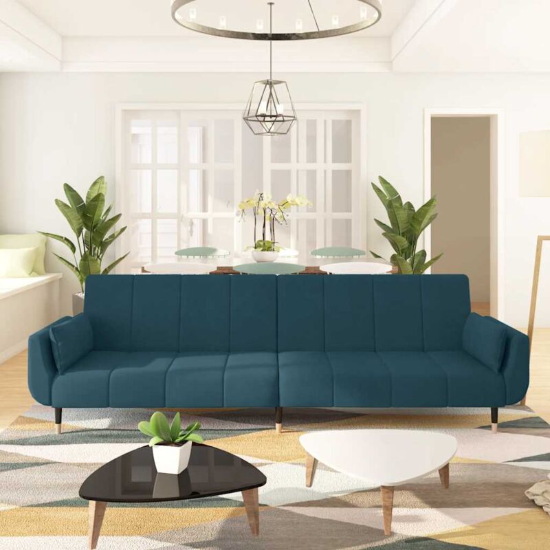 foto del prodotto vidaxl divano letto a 2 posti con 2 cuscini blu in velluto 820519