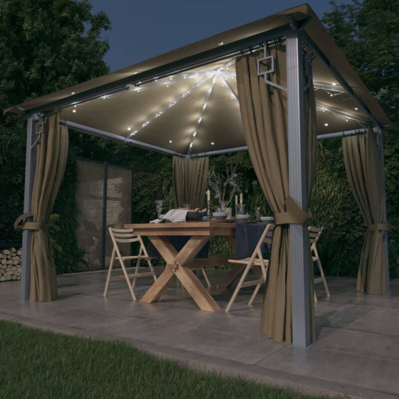 foto del prodotto vidaxl gazebo con tende e luci led 300x300 cm grigio talpa alluminio