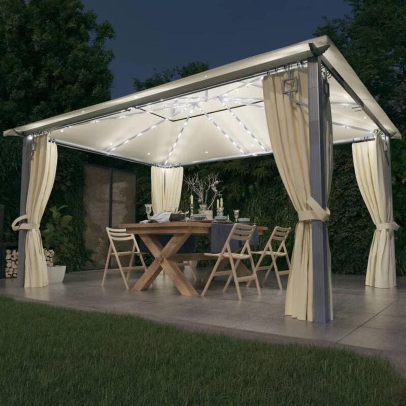 foto del prodotto vidaxl gazebo con tende stringa di luci led 400x300 cm crema alluminio