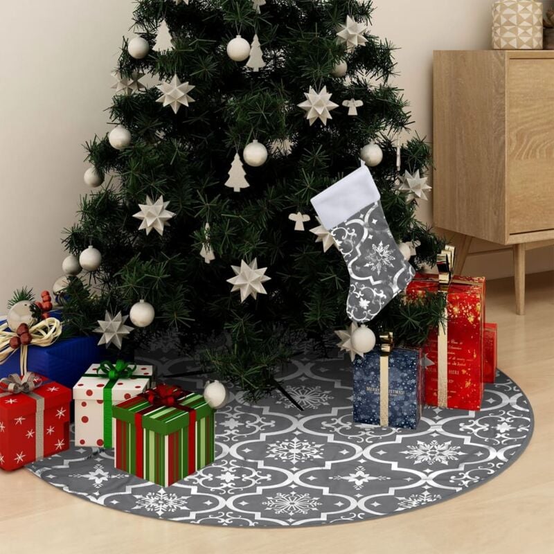 foto del prodotto vidaxl gonna albero natale raffinata con calza grigia in tessuto 90 cm
