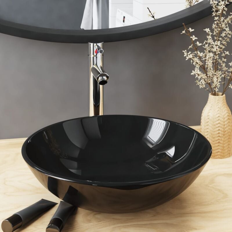 foto del prodotto vidaxl lavandino bagno con rubinetto e piletta in vetro temperato nero