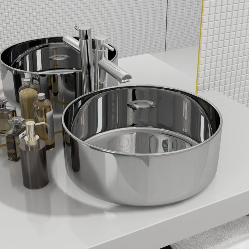 foto del prodotto vidaxl lavandino rotondo in ceramica lavabo bagno elegante vari colori colore argento