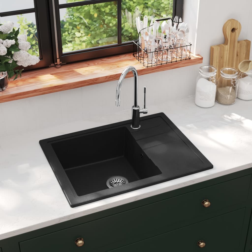 foto del prodotto vidaxl lavello da cucina con foro troppopieno ovale nero in granito
