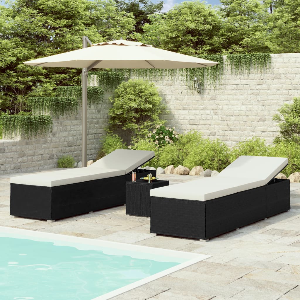foto del prodotto vidaxl lettini prendisole con tavolino 3 pz in polyrattan nero