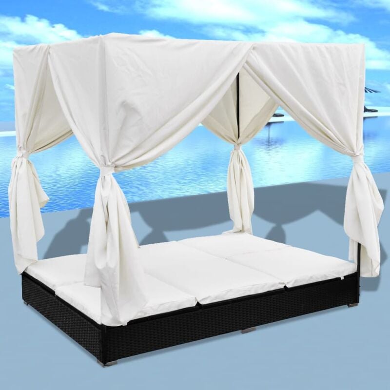 foto del prodotto vidaxl lettino prendisole con tende in polyrattan nero