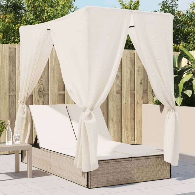 foto del prodotto vidaxl lettino prendisole con tetto e tende beige in polyrattan