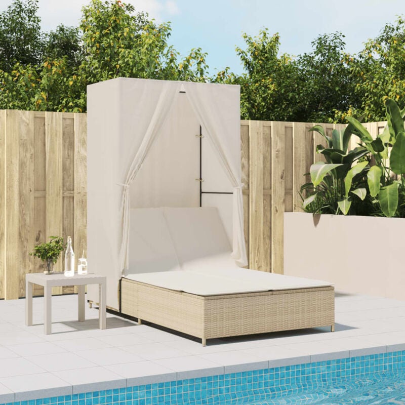 foto del prodotto vidaxl lettino prendisole con tetto e tende beige in polyrattan