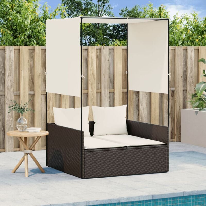 foto del prodotto vidaxl lettino prendisole con tetto e tende marrone in polyrattan