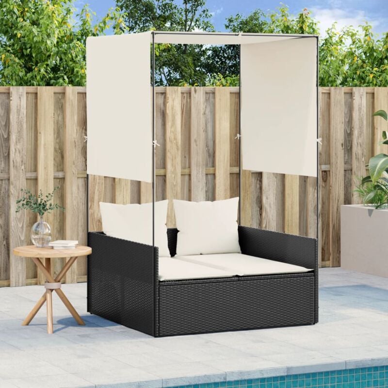 foto del prodotto vidaxl lettino prendisole con tetto e tende nero in polyrattan