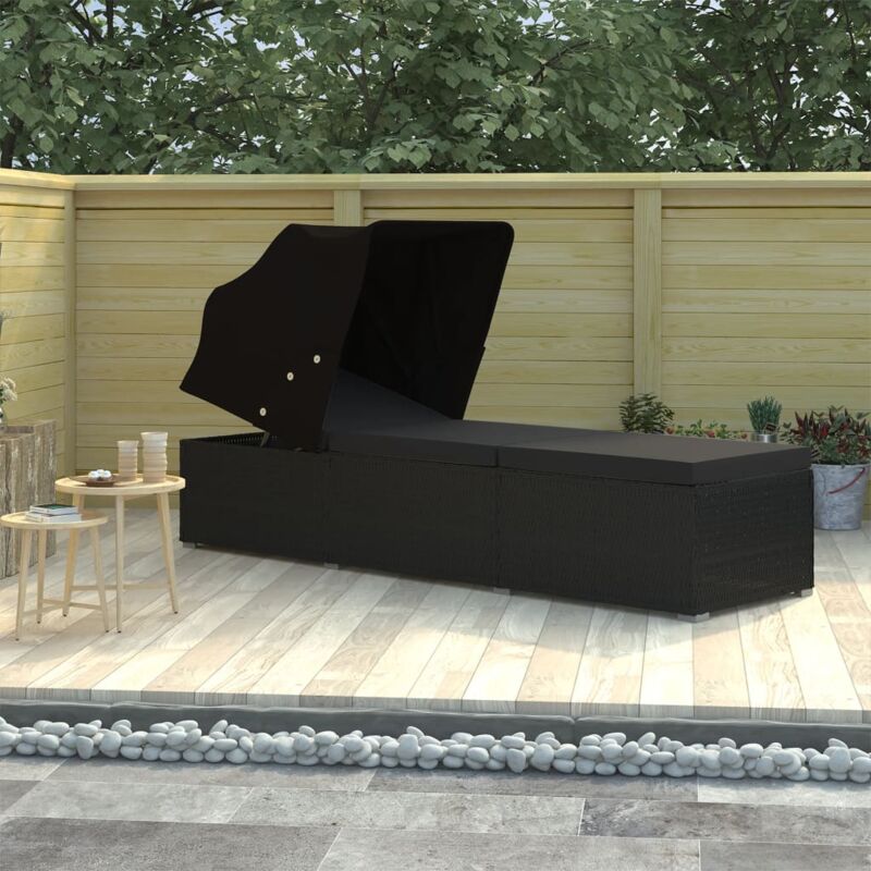 foto del prodotto vidaxl lettino prendisole con tettuccio e cuscino in polyrattan nero