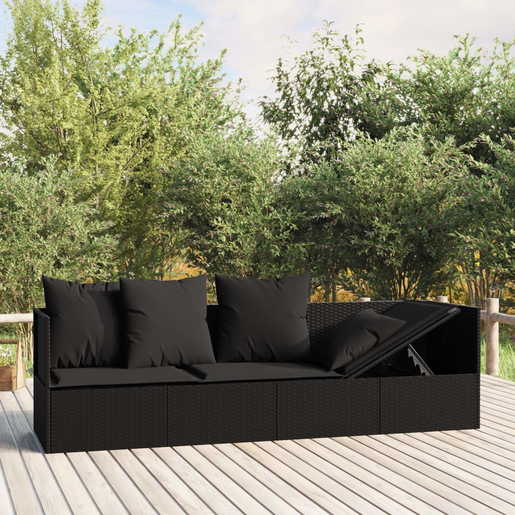 foto del prodotto vidaxl lettino prendisole da esterno con cuscini nero in polyrattan 113255