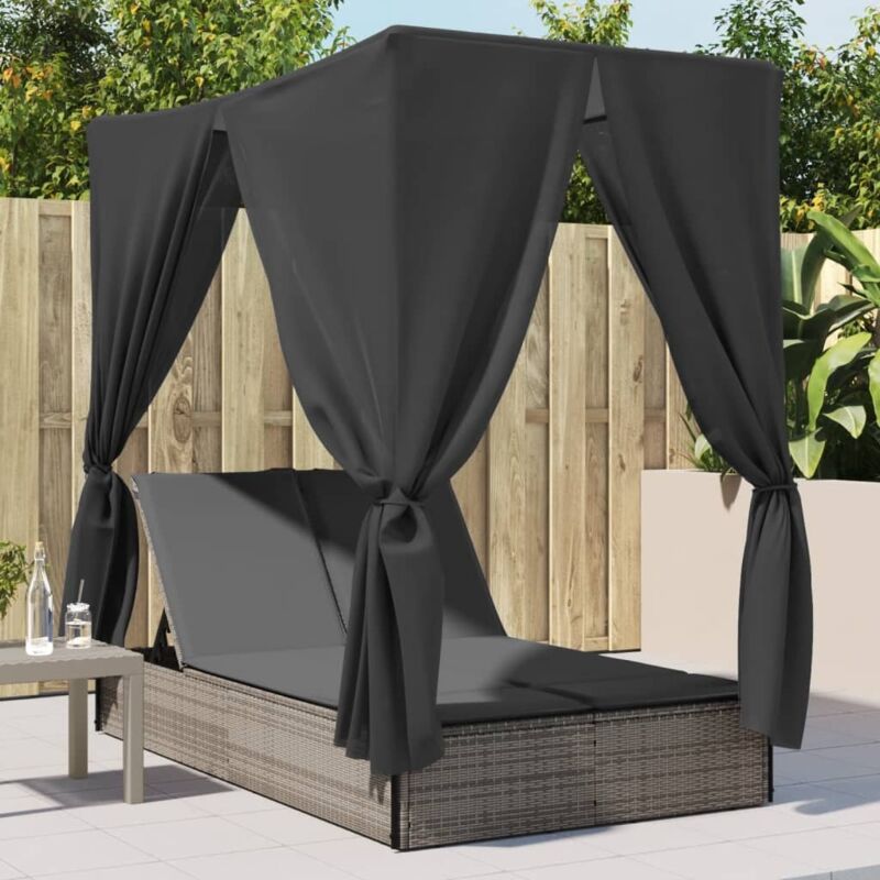 foto del prodotto vidaxl lettino prendisole doppio tetto e tende grigio in polyrattan