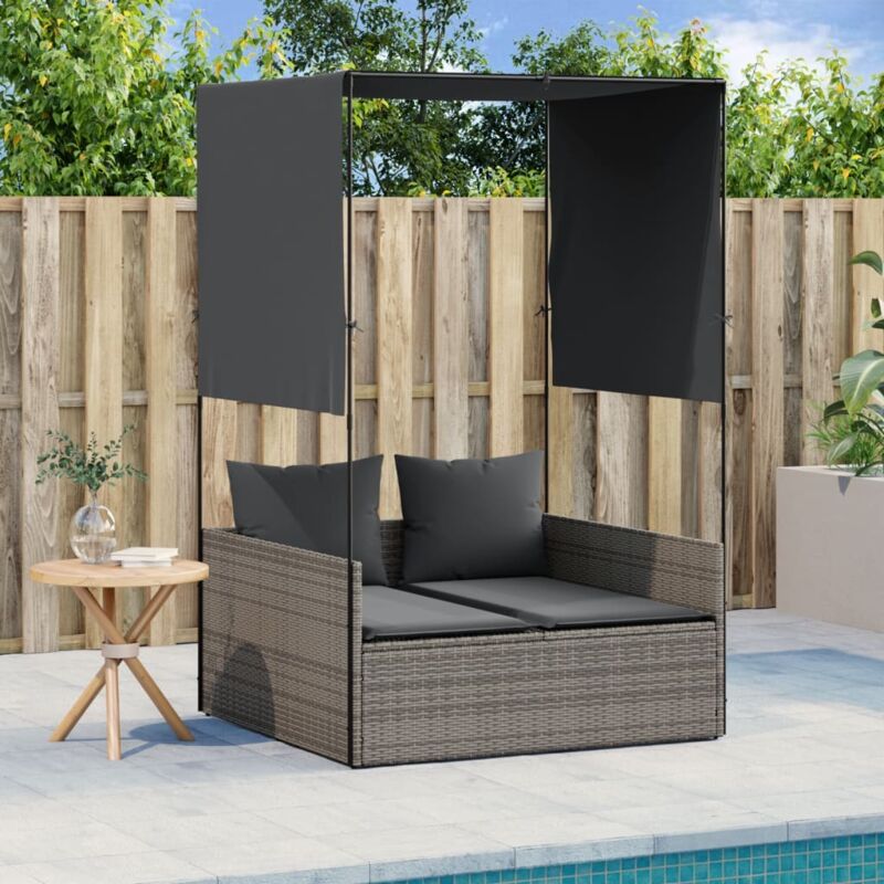 foto del prodotto vidaxl lettino prendisole doppio tetto e tende grigio in polyrattan