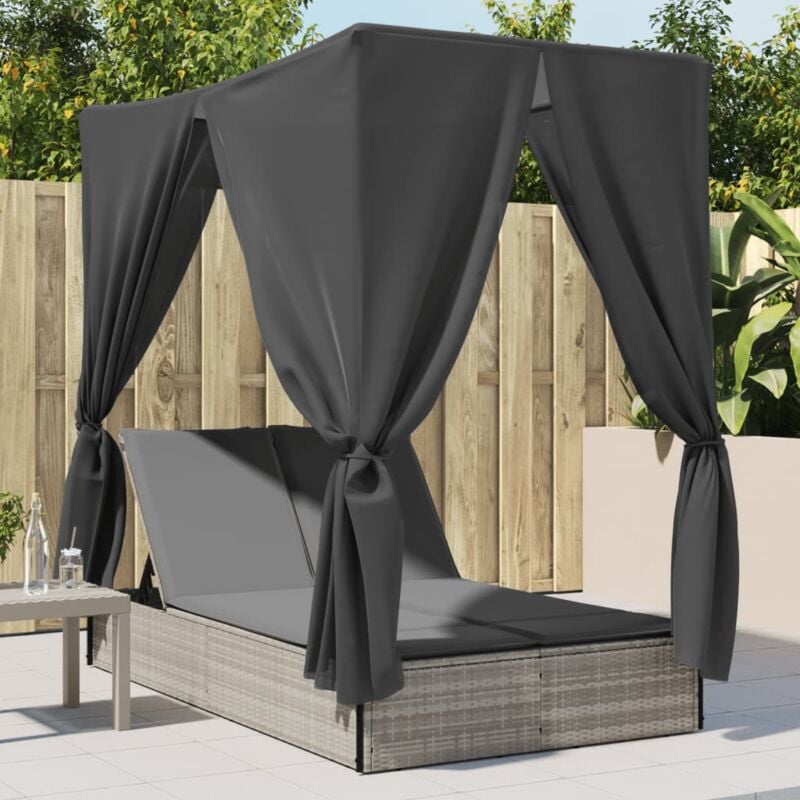 foto del prodotto vidaxl lettino prendisole tetto e tende grigio chiaro in polyrattan